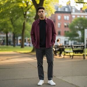 George Men's Casual Red and Black Plaid Shirt Size L